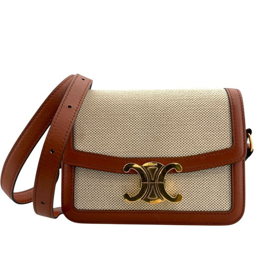 CELINE Teen Triomphe Shoulder Bag in Natural Tan Calf & Canvas