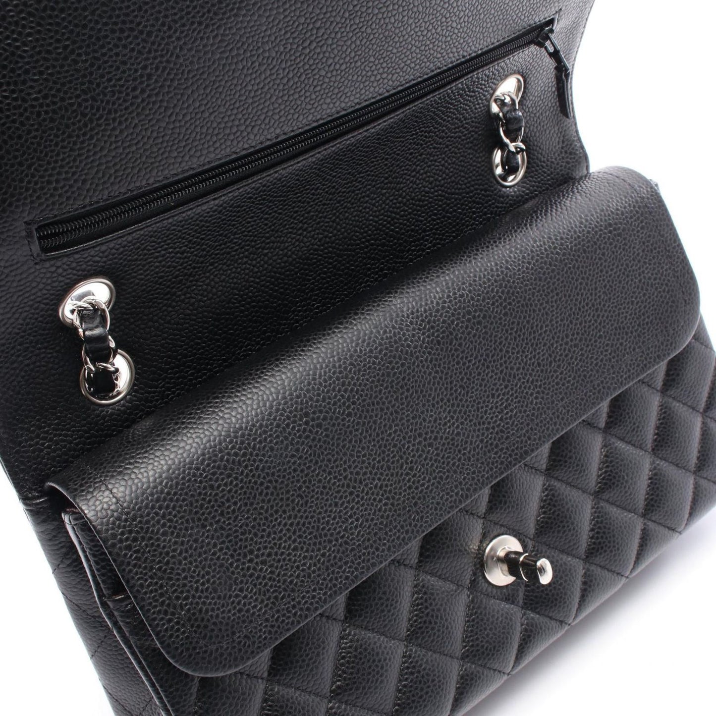 CHANEL Matelassé Double Flap Shoulder Bag in Black Caviar Skin