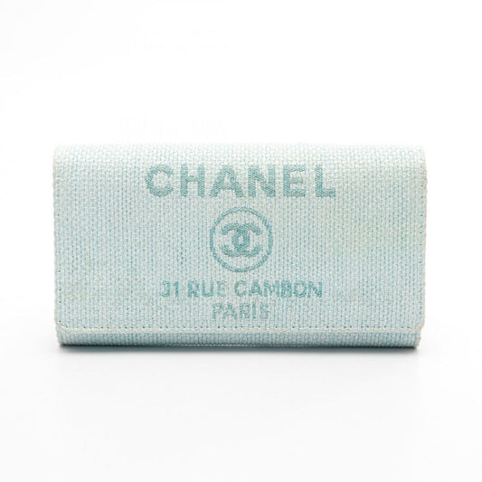 CHANEL Deauville Two-Fold Long Wallet in Light Blue Leather