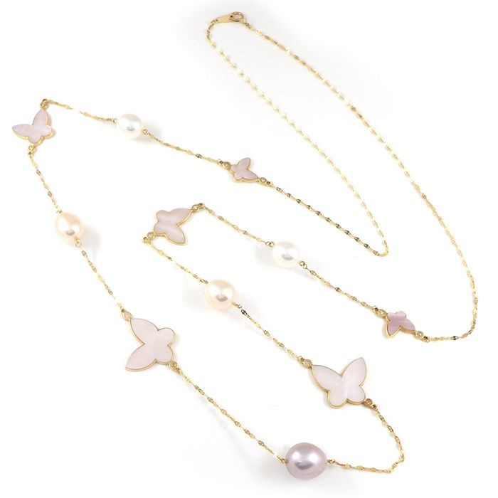 Elegant White Shell & Freshwater Pearl Butterfly Long Necklace