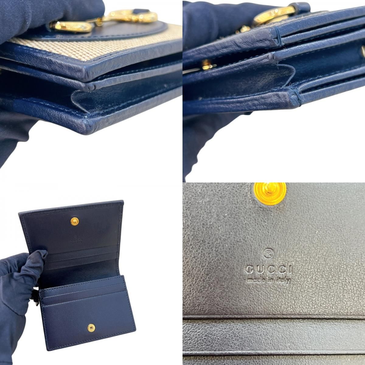 GUCCI Horsebit Compact Wallet in Brown/Navy Canvas & Leather