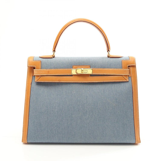 HERMES Kelly 35 Denim Blue & Natural Handbag - Timeless Elegance