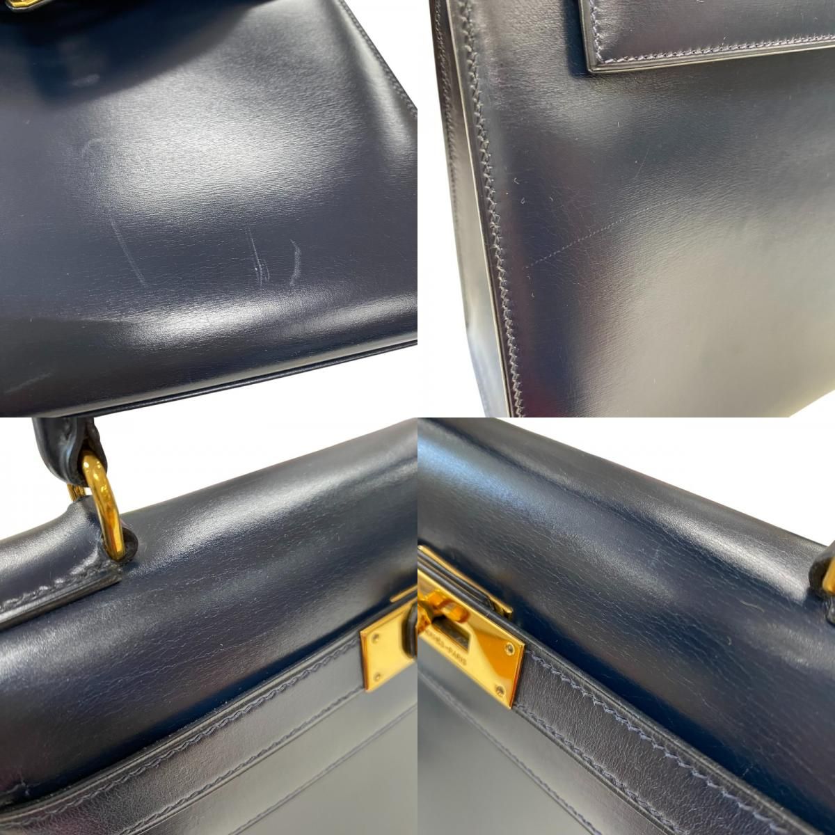 HERMES Kelly 28 Navy Box Calf Handbag with Gold Hardware