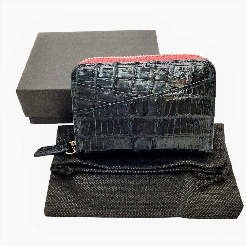 Exquisite Crocodile Leather Round Zipper Card Case in Black Navy