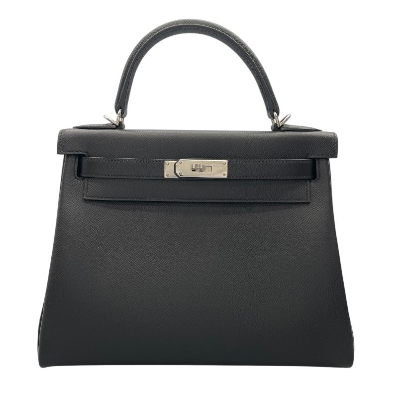 HERMES Kelly 28 Black Epson Leather Shoulder Bag with Silver Hardware