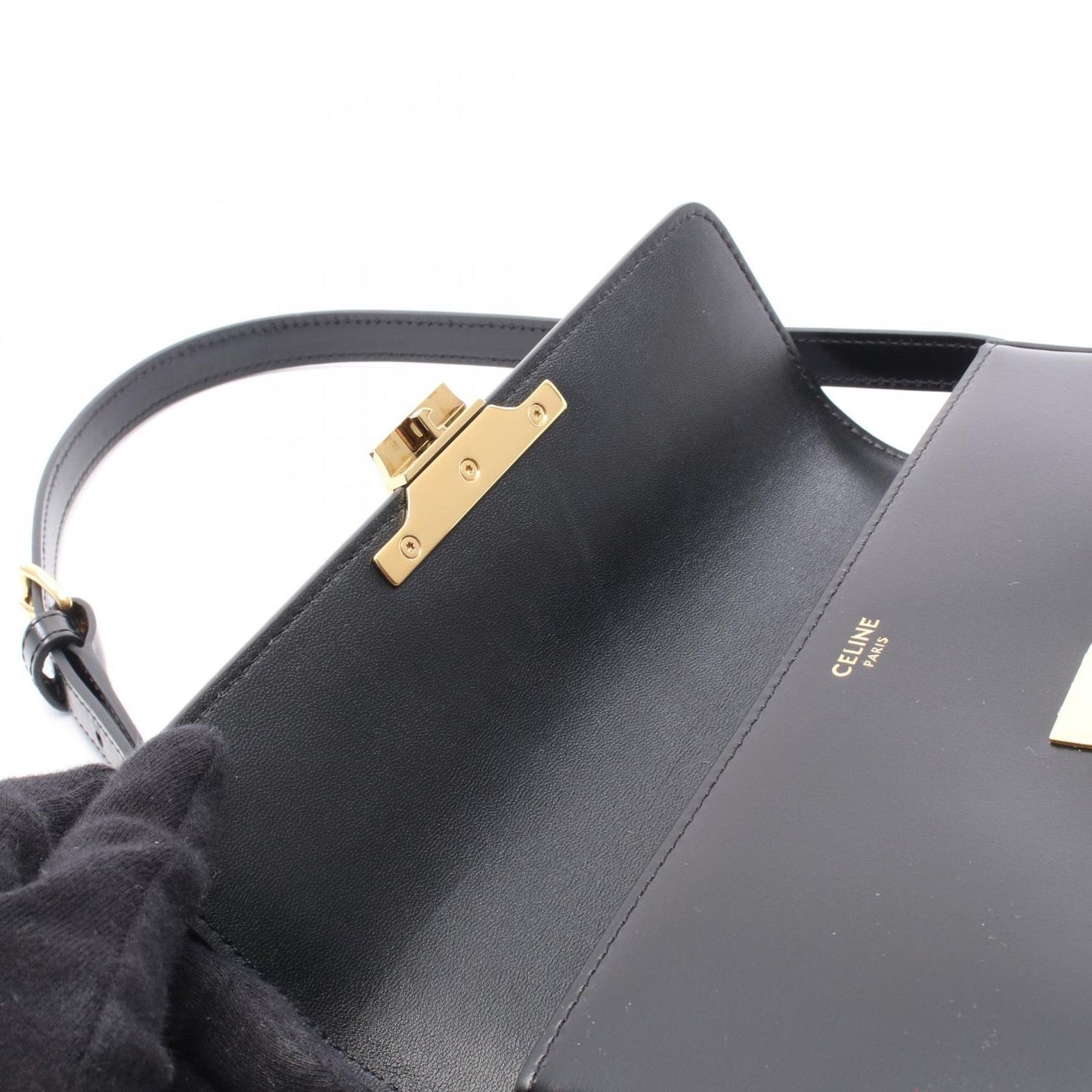 CELINE Claude Triomphe Shoulder Bag in Black Leather