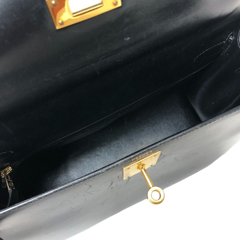 HERMES Kelly 28 Black Box Calf Shoulder Bag with Gold Hardware