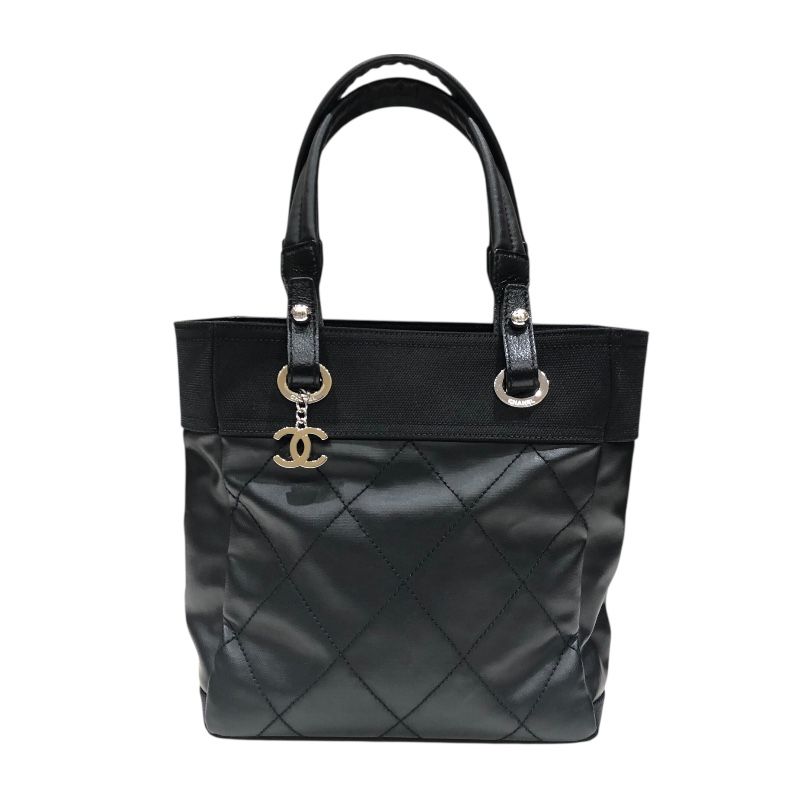 CHANEL Paris Biarritz PM Tote in Black Coated Canvas - Timeless Elegance