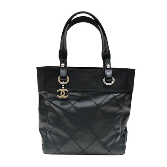 CHANEL Paris Biarritz PM Tote in Black Coated Canvas - Timeless Elegance