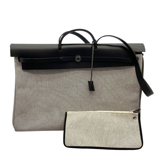 HERMES Aile Zip GM Black Canvas Handbag with Silver Hardware