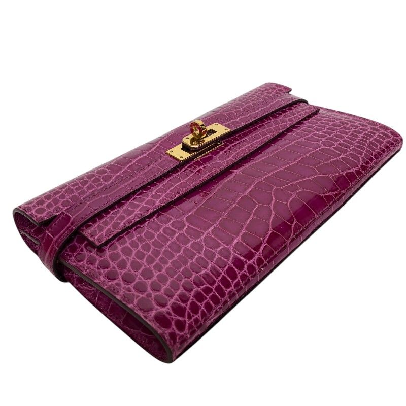 HERMES Kelly Wallet C Stamp Rose Sheherazade Alligator Gold Hardware