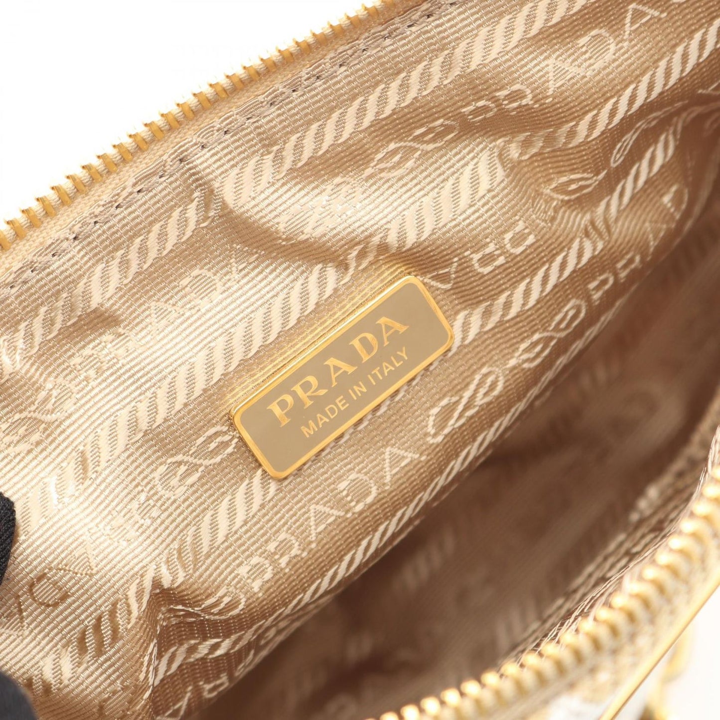 PRADA Triangolo Jacqu Canvas & Leather Shoulder Bag - Beige/White