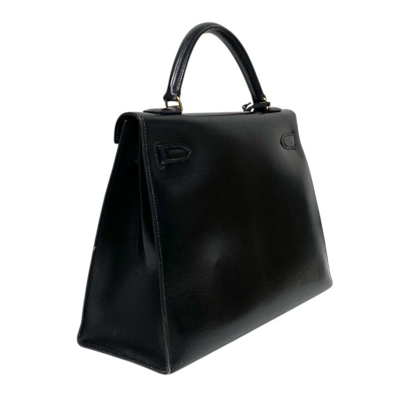HERMES Kelly 32 Black Box Calf Handbag with Gold Hardware