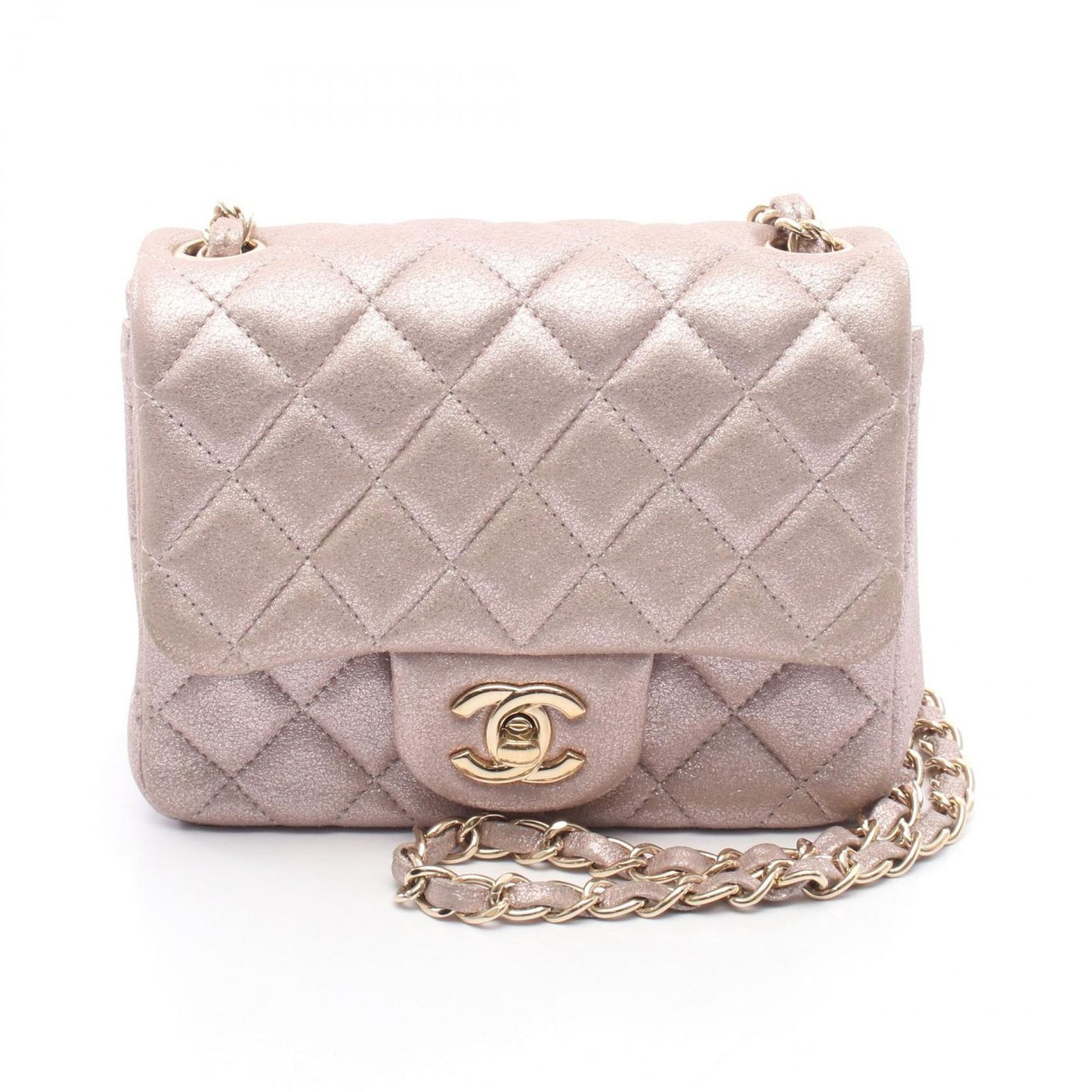 CHANEL Mini Matelassé Shoulder Bag in Metallic Light Pink