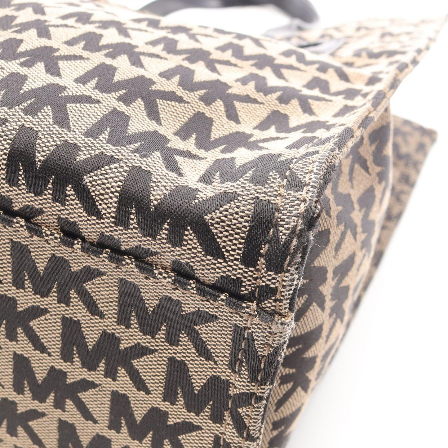 Michael Kors Beige & Black Canvas Leather Tote Bag - Timeless Elegance