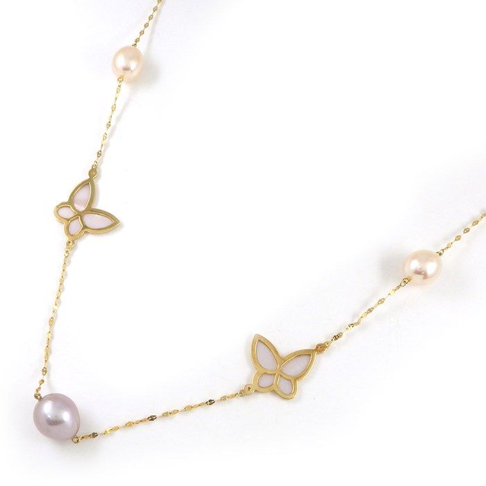 Elegant White Shell & Freshwater Pearl Butterfly Long Necklace