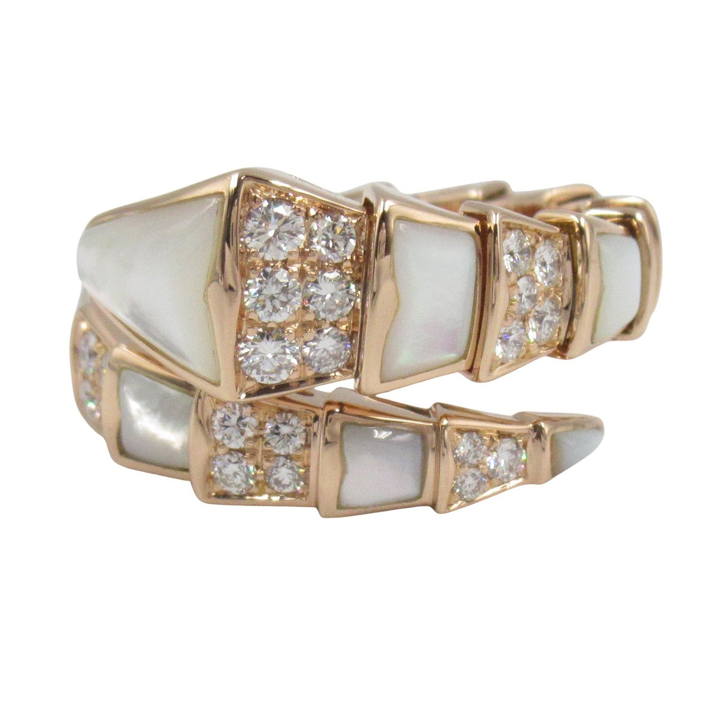 BVLGARI Serpenti Viper Ring with Diamonds & Mother of Pearl - Size 15