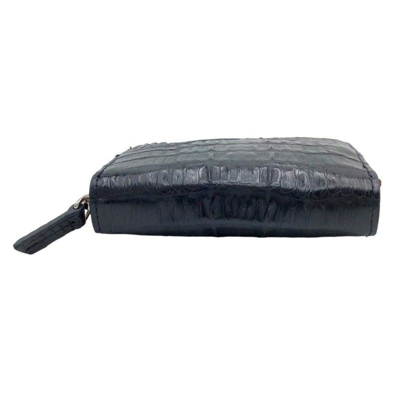 Exquisite Crocodile Round Zipper Card Case in Navy Black & Silver