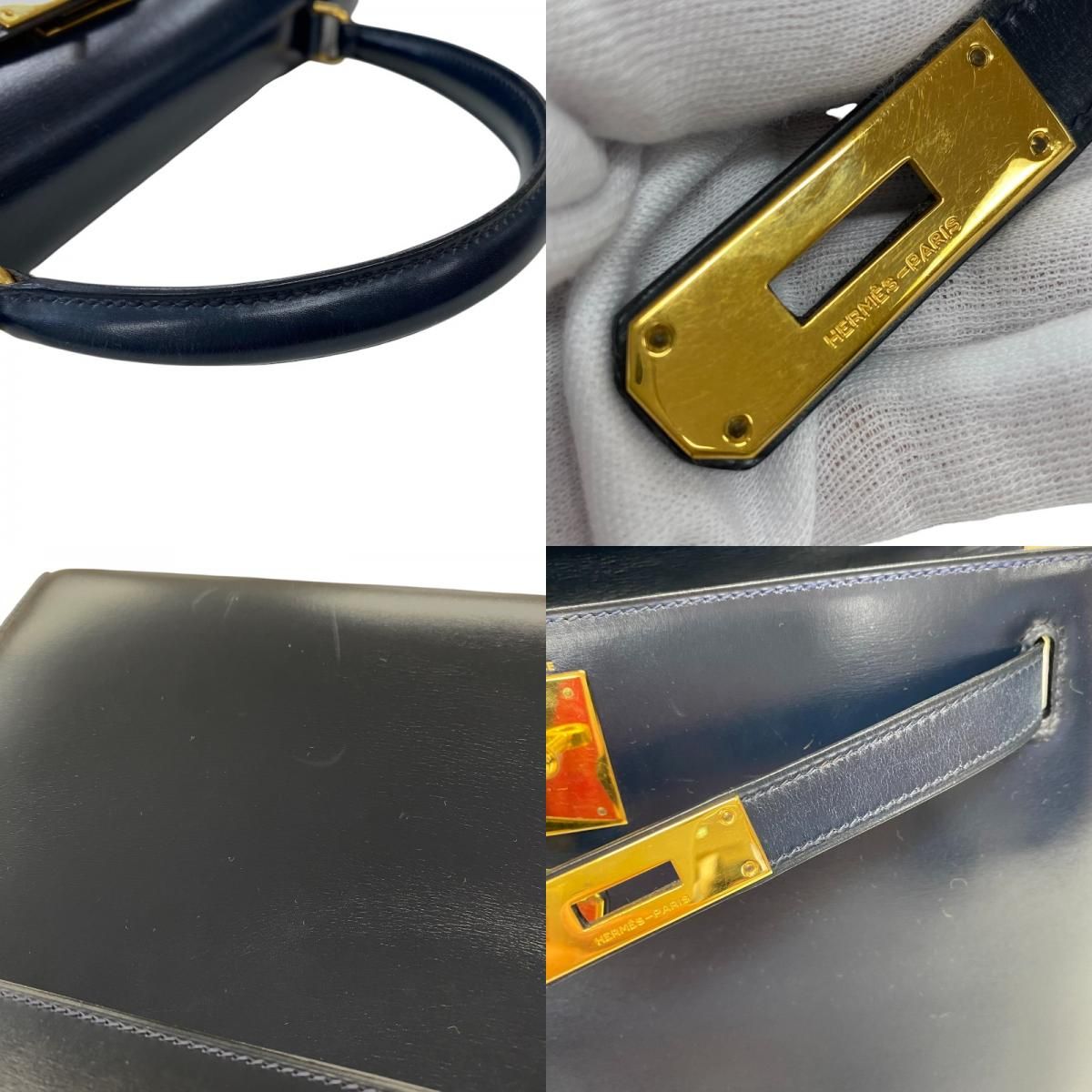 HERMES Kelly 28 Navy Box Calf Handbag with Gold Hardware