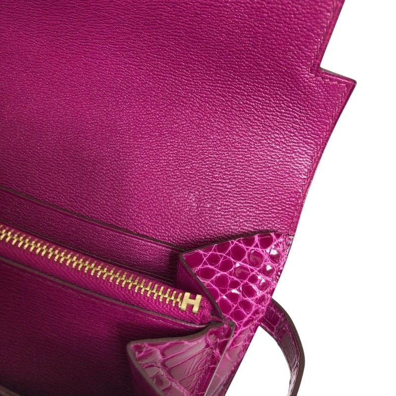 HERMES Kelly Wallet C Stamp Rose Sheherazade Alligator Gold Hardware