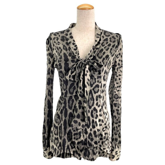 Dolce & Gabbana Leopard Print Silk Bow Tie Blouse - Gray