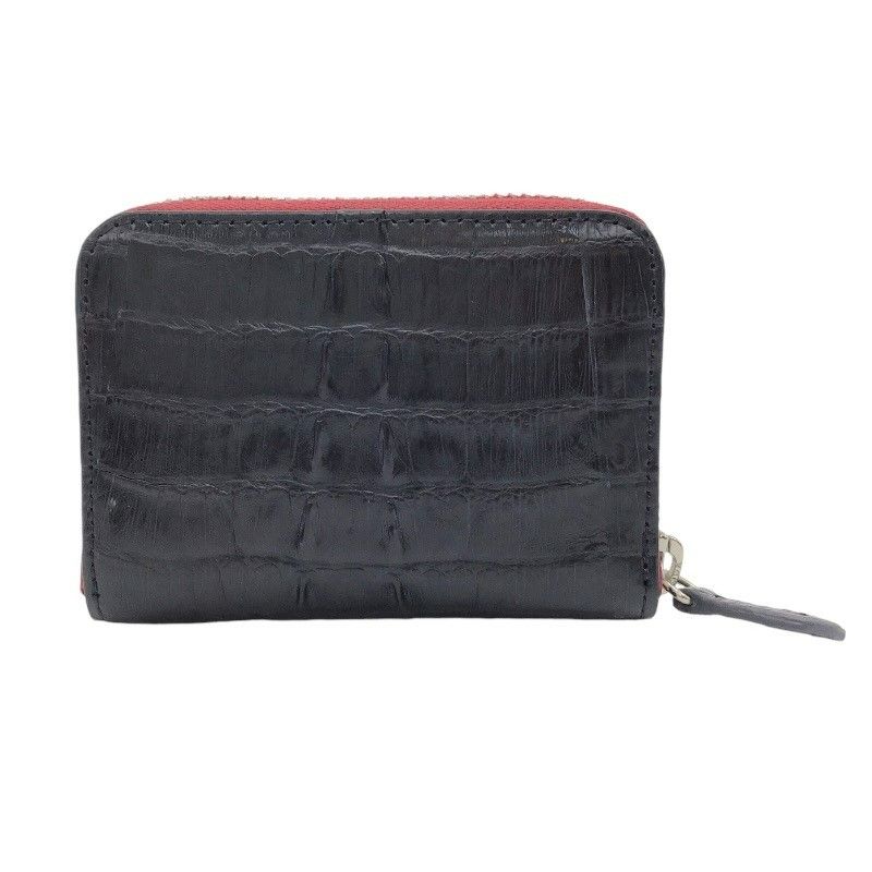 Exquisite Crocodile Round Zipper Card Case in Navy Black & Silver