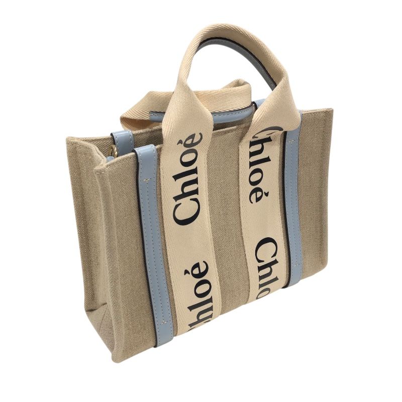 Chloe Woody Small Tote in Light Blue & Beige Linen Canvas