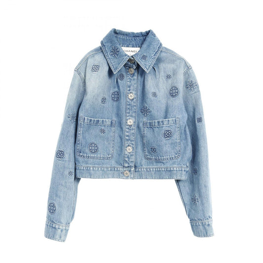 CHANEL Denim Jacket with Camellia and Coco Mark - Size 40