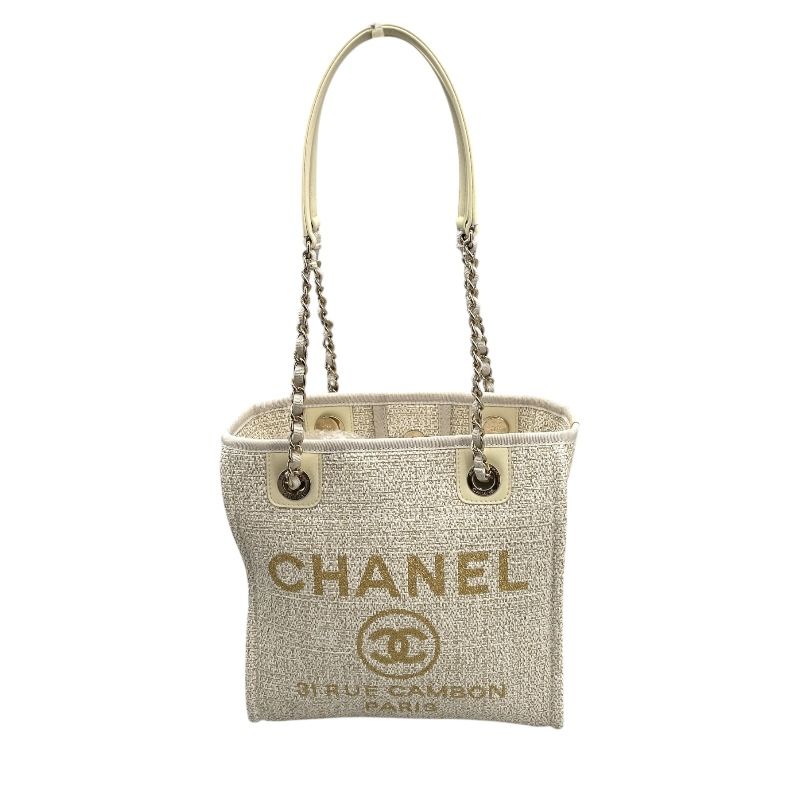 CHANEL Deauville PM White Tweed Tote Bag with Gold Hardware