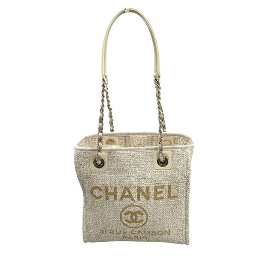 CHANEL Deauville PM White Tweed Tote Bag with Gold Hardware