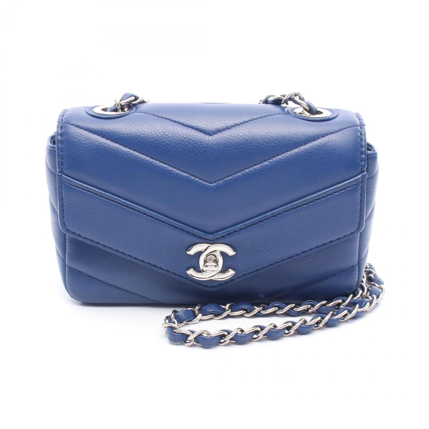 CHANEL Chevron V-Stitch Mini Chain Shoulder Bag in Blue Leather