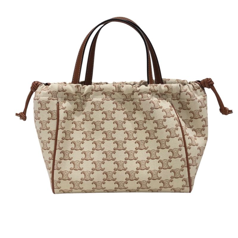 CELINE Small Cabas Drawstring Bag - White & Tan Textile