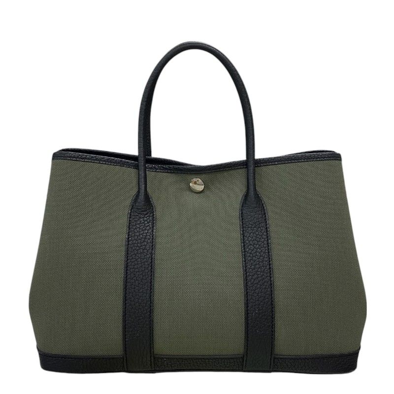 HERMES Garden Party TPM Tote Bag in Khaki & Black with Silver Hardware