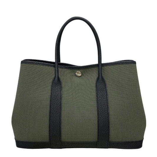 HERMES Garden Party TPM Tote Bag in Khaki & Black with Silver Hardware