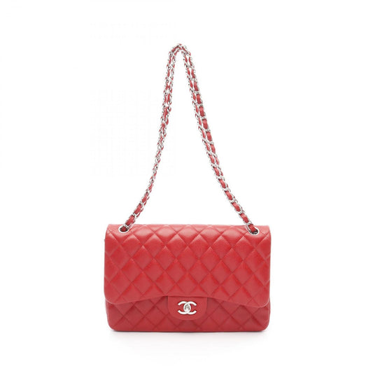 CHANEL Classic De Camellia 30 Large W Flap Shoulder Bag - Red Caviar