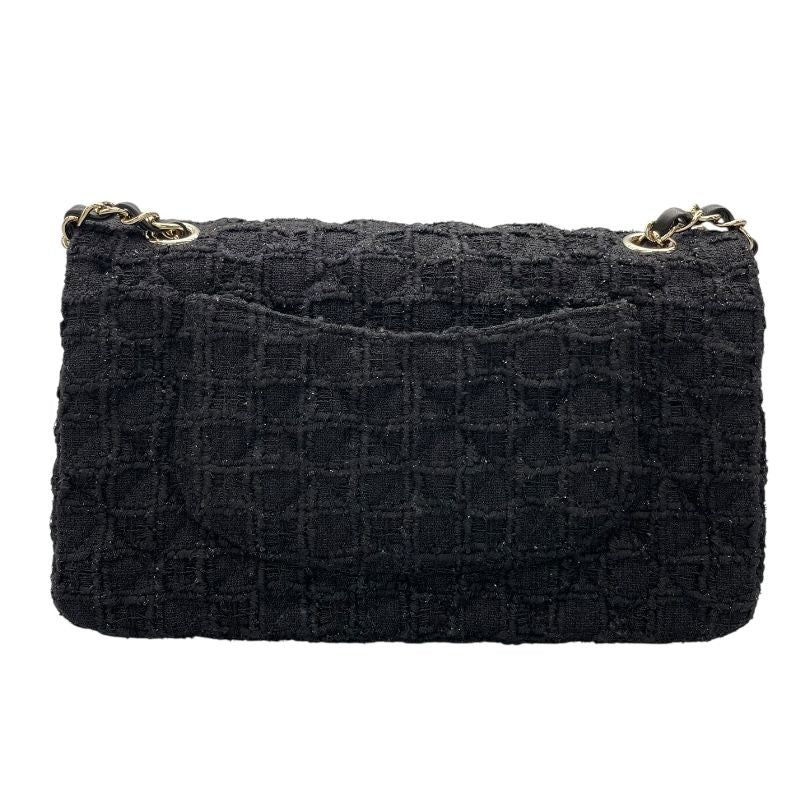 CHANEL Matelassé 25 Black Tweed Shoulder Bag with Gold Hardware