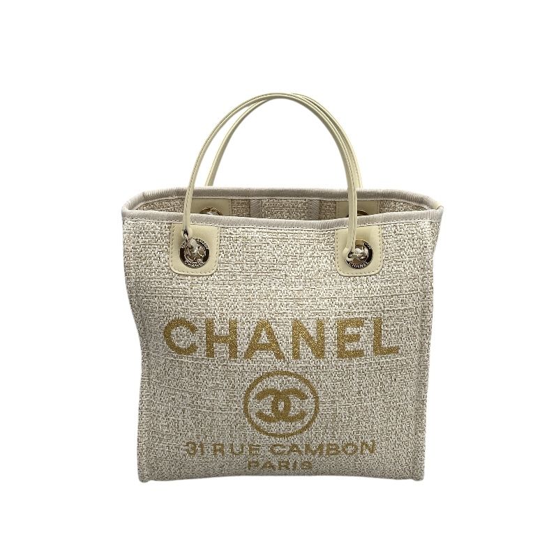 CHANEL Deauville PM White Tweed Tote Bag with Gold Hardware