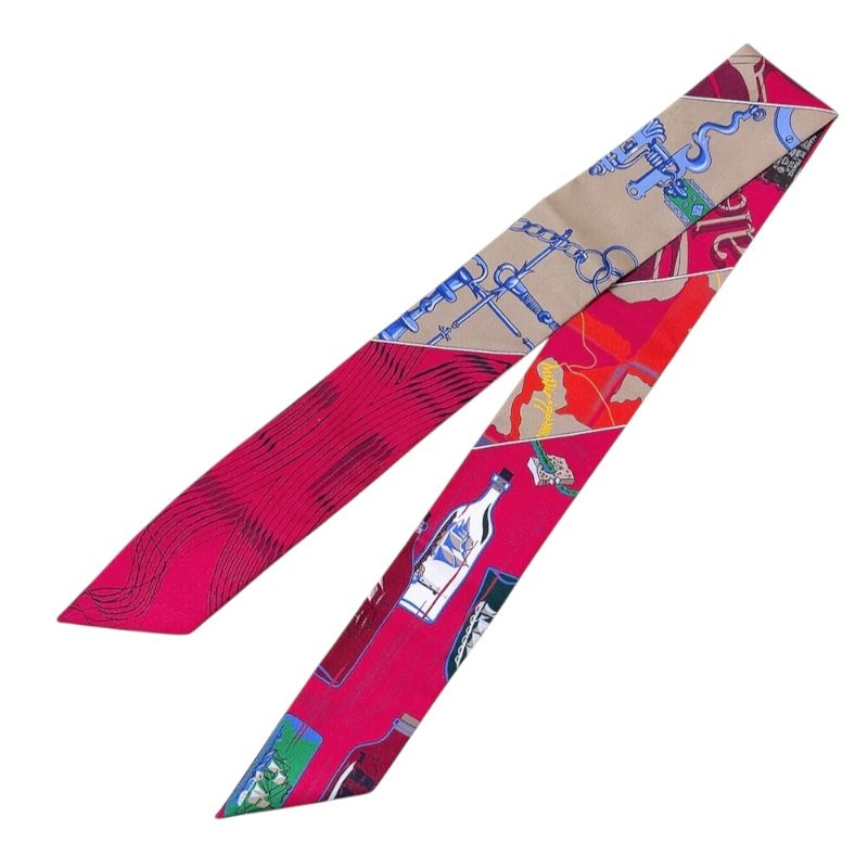 HERMES Caleche Mors et Bouteilles Twilly Scarf in Bordeaux Multi
