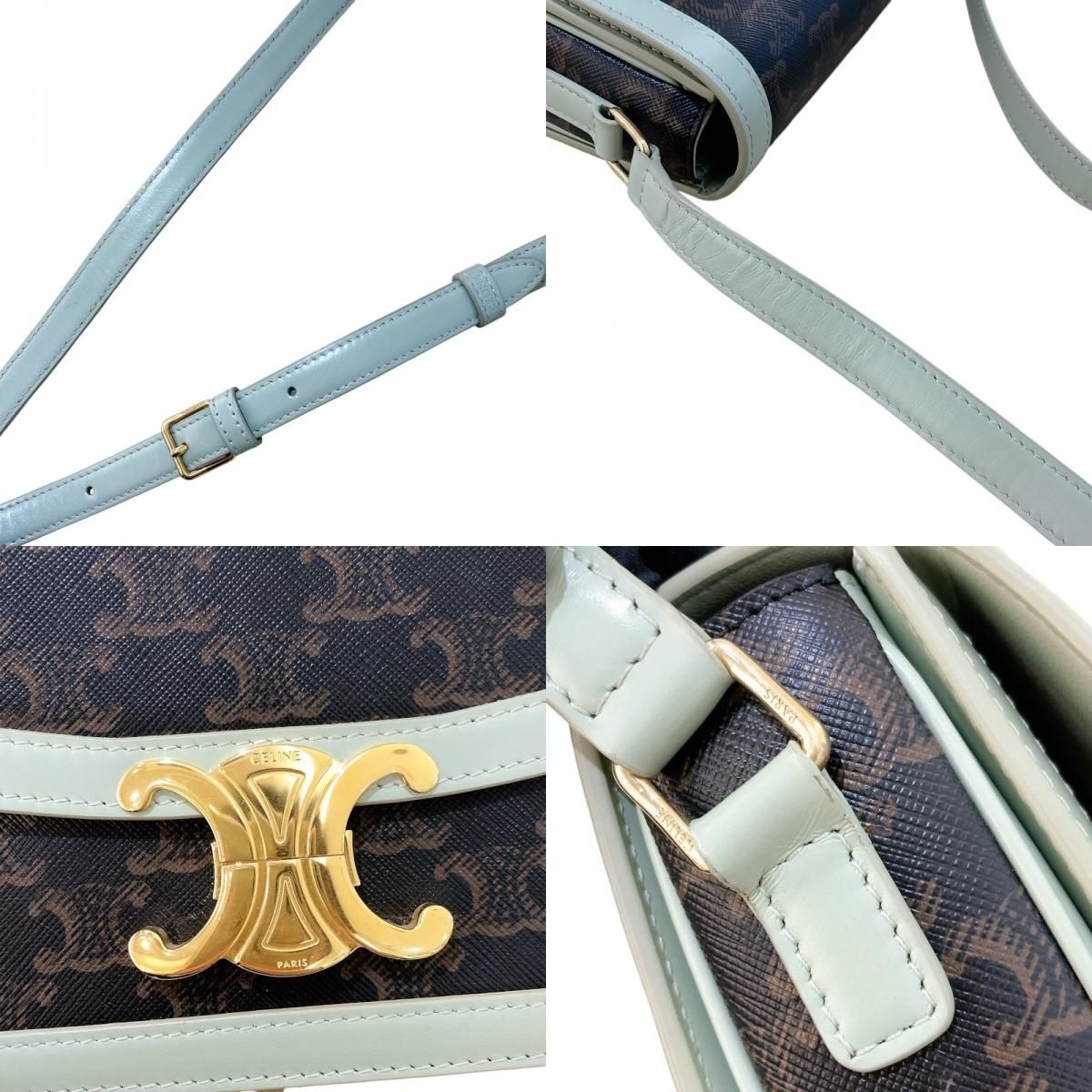 CELINE Green Triomphe Canvas & Calfskin Shoulder Bag - Timeless Elegance