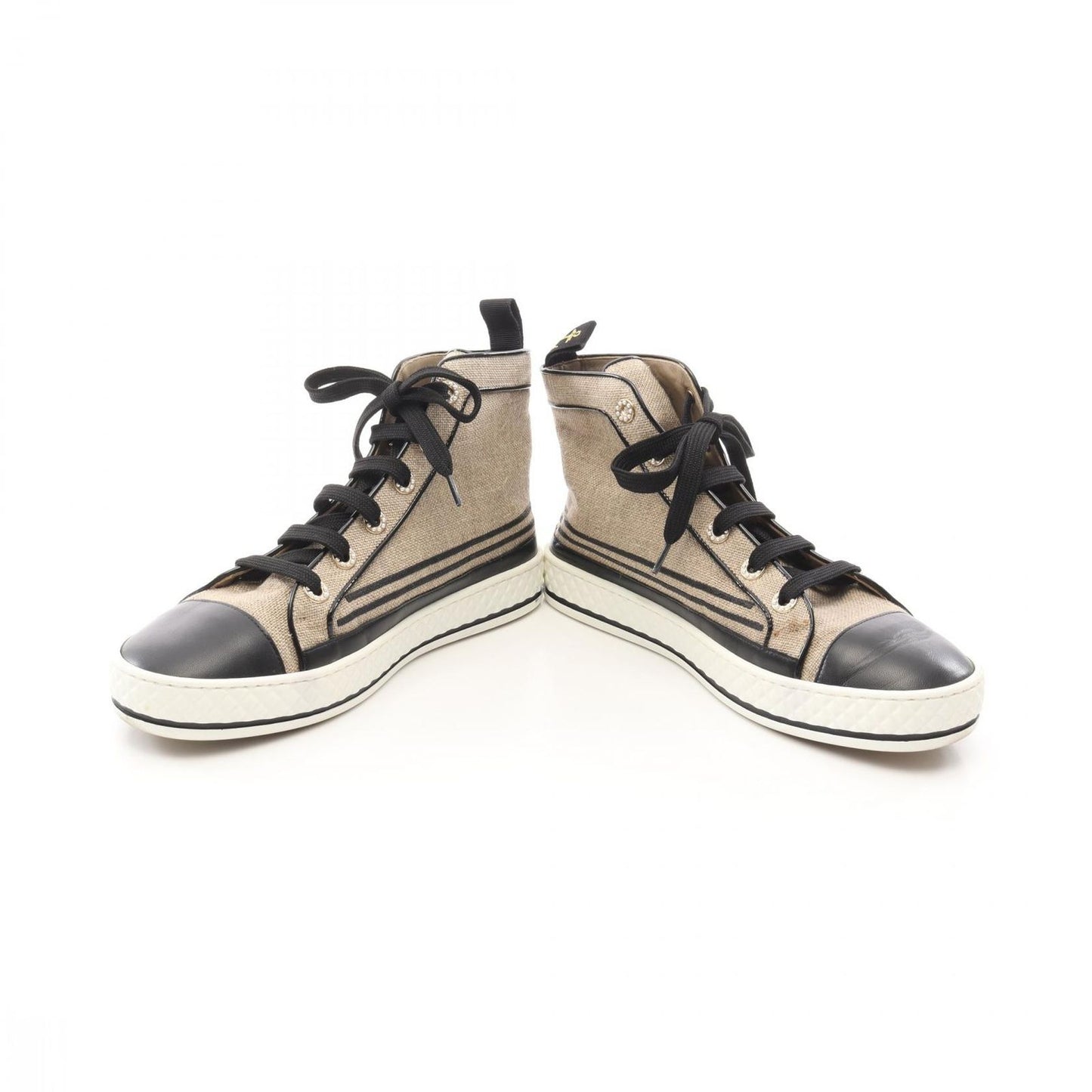 CHANEL Coco Mark High-Top Sneakers in Beige/Black Canvas & Leather