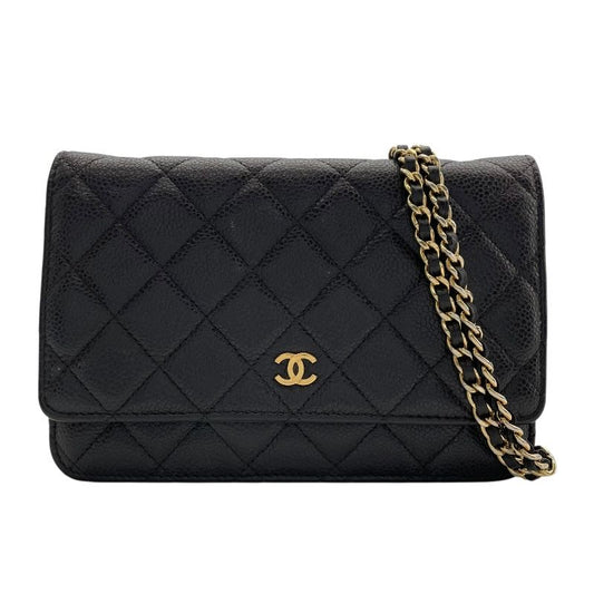 CHANEL Matelassé Chain Wallet A33814 - Black Caviar with Gold Hardware