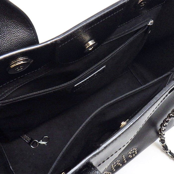 CHANEL Deauville MM Studded Handbag in Black Grained Calfskin