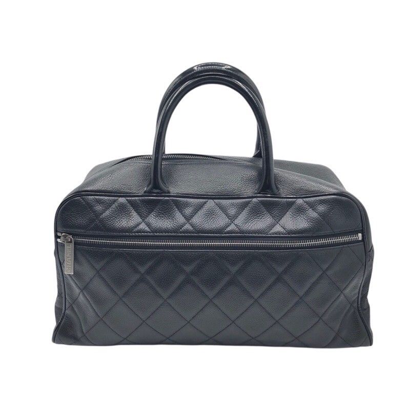 CHANEL Logo Small Boston Bag in Soft Caviar & Patent Leather