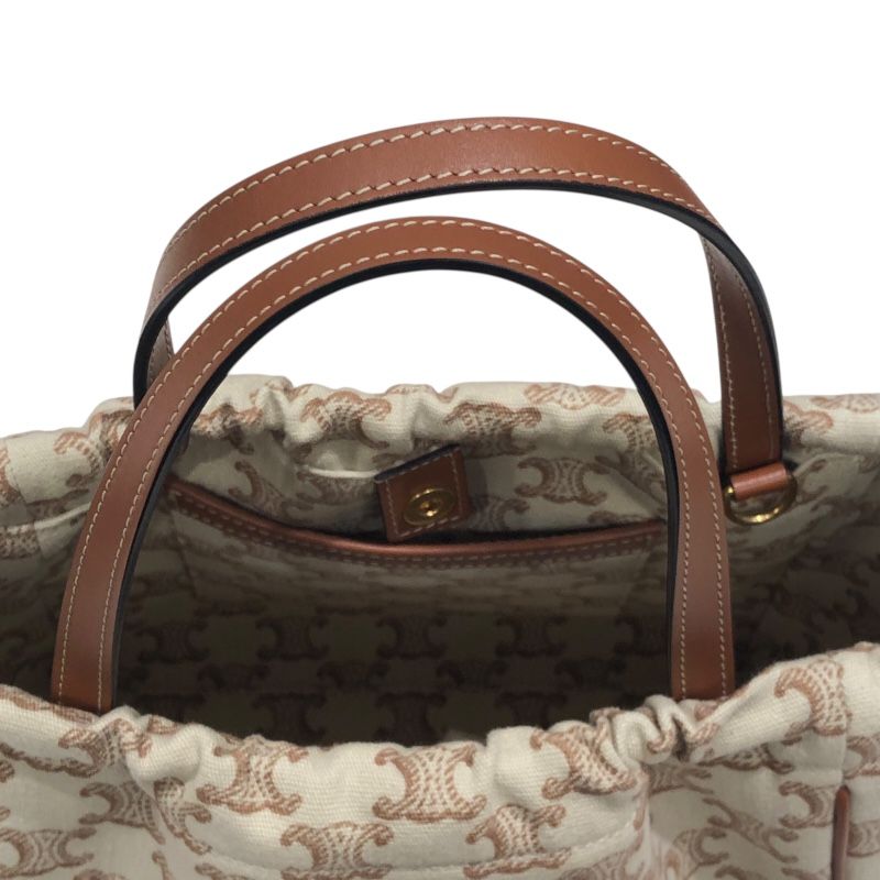 CELINE Small Cabas Drawstring Bag - White & Tan Textile