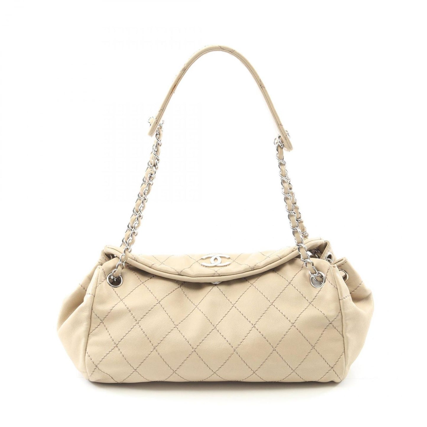 CHANEL Matelassé Beige Leather Shoulder Bag with Wild Stitch