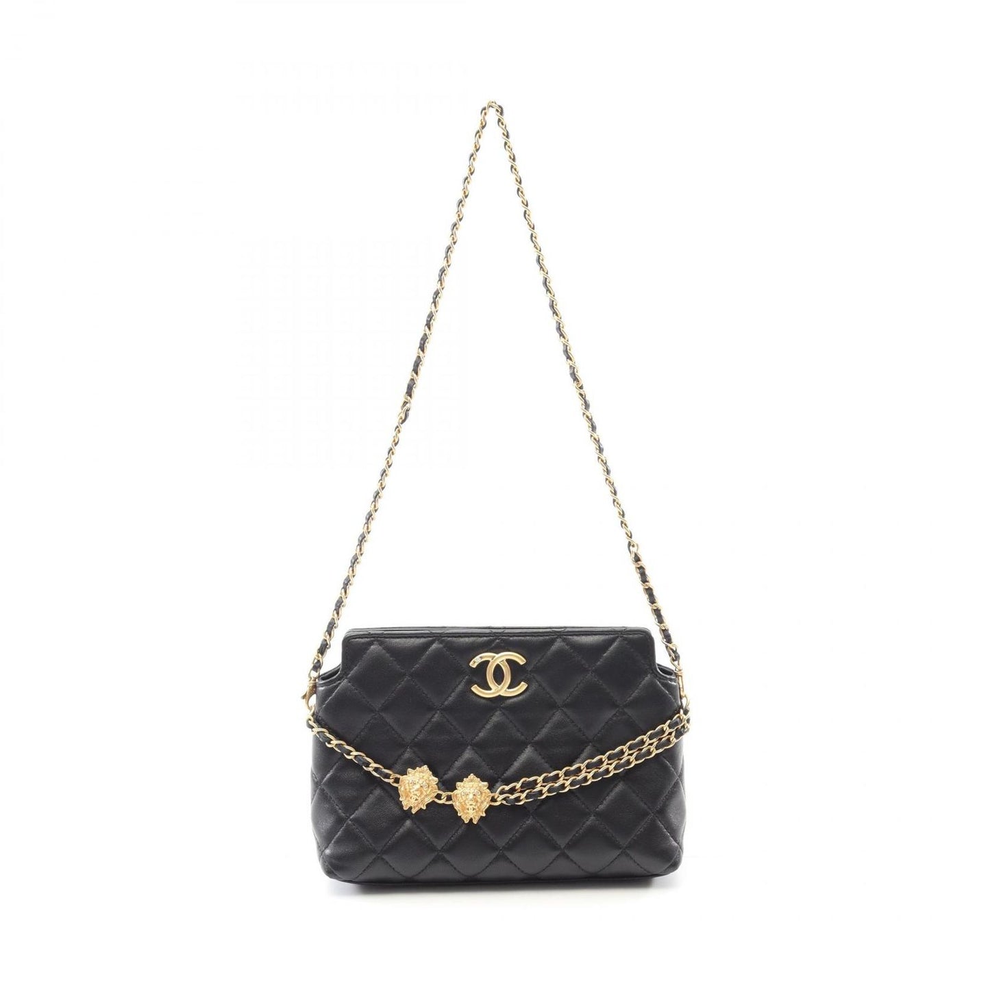 CHANEL Matelassé Black Lambskin Shoulder Bag with Lion Chain