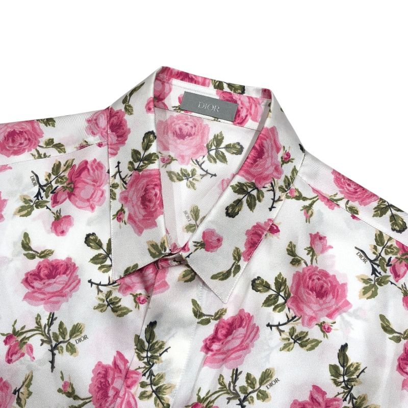 Christian Dior Floral Silk Short Sleeve Shirt - White, Size 39