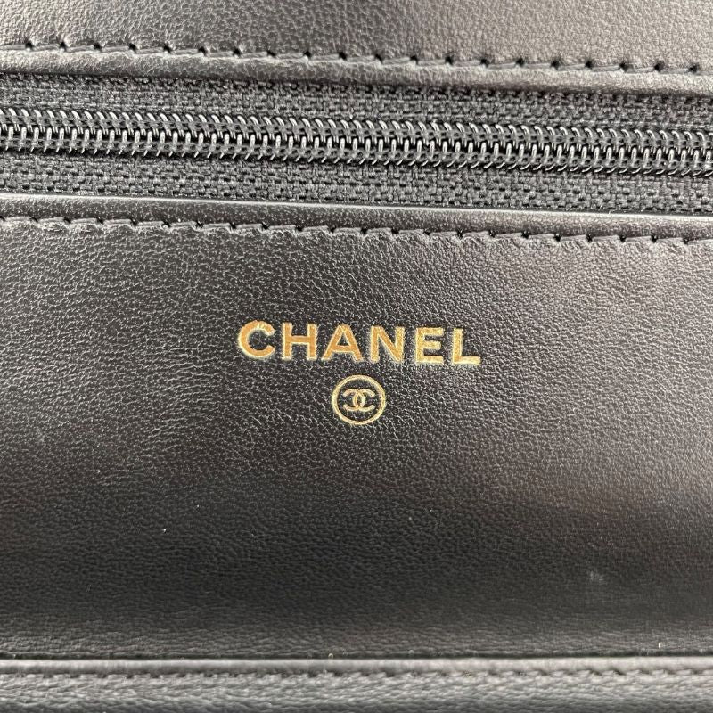 CHANEL Matelassé Chain Wallet A33814 - Black Lambskin with Gold Hardware