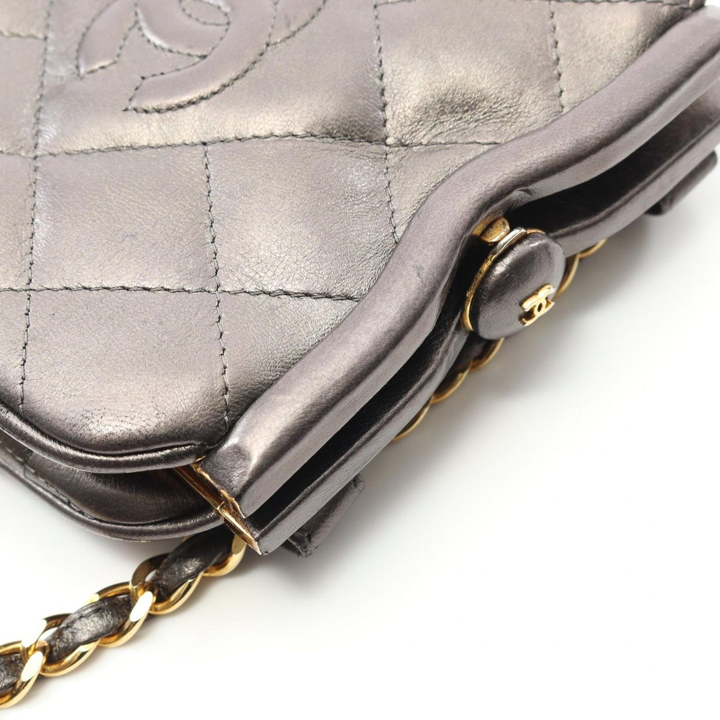 CHANEL Matelassé Silver Leather Mini Chain Shoulder Bag