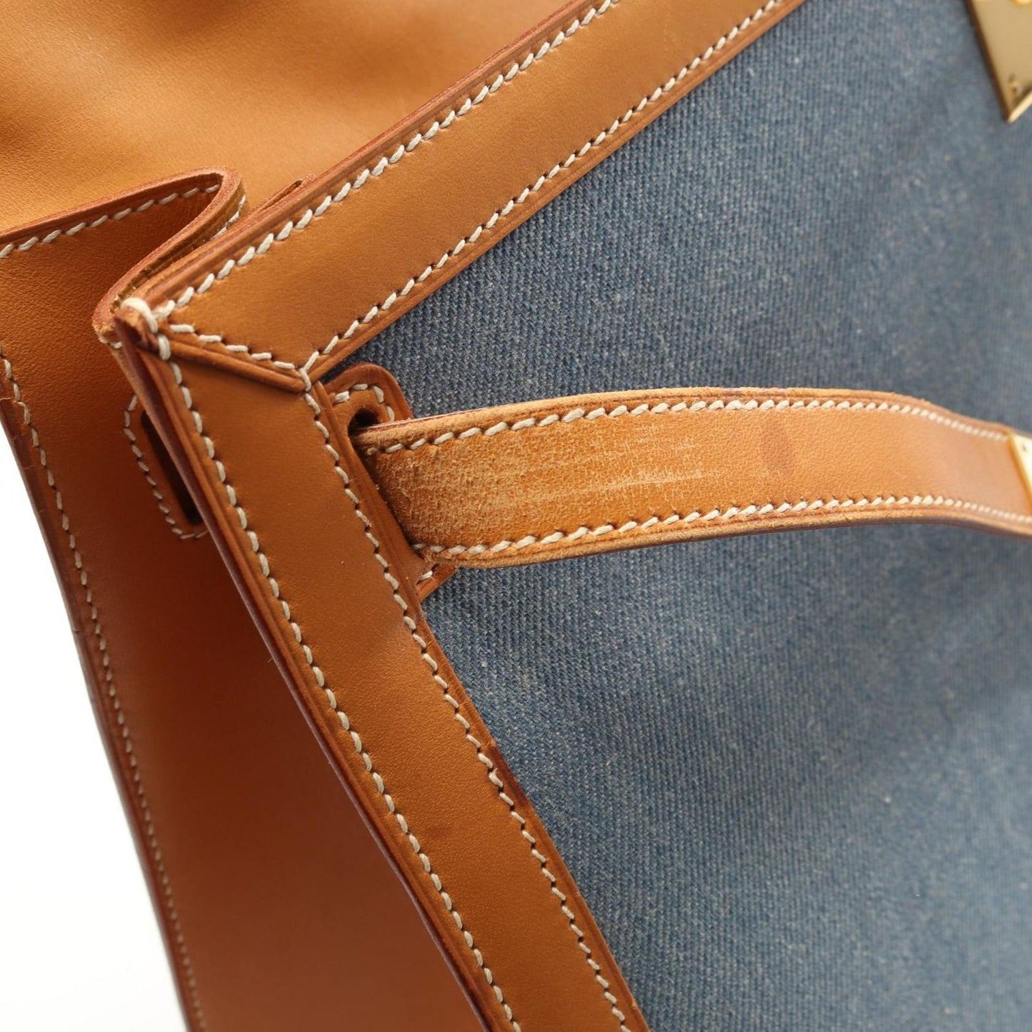 HERMES Kelly 35 Denim Blue & Natural Handbag - Timeless Elegance